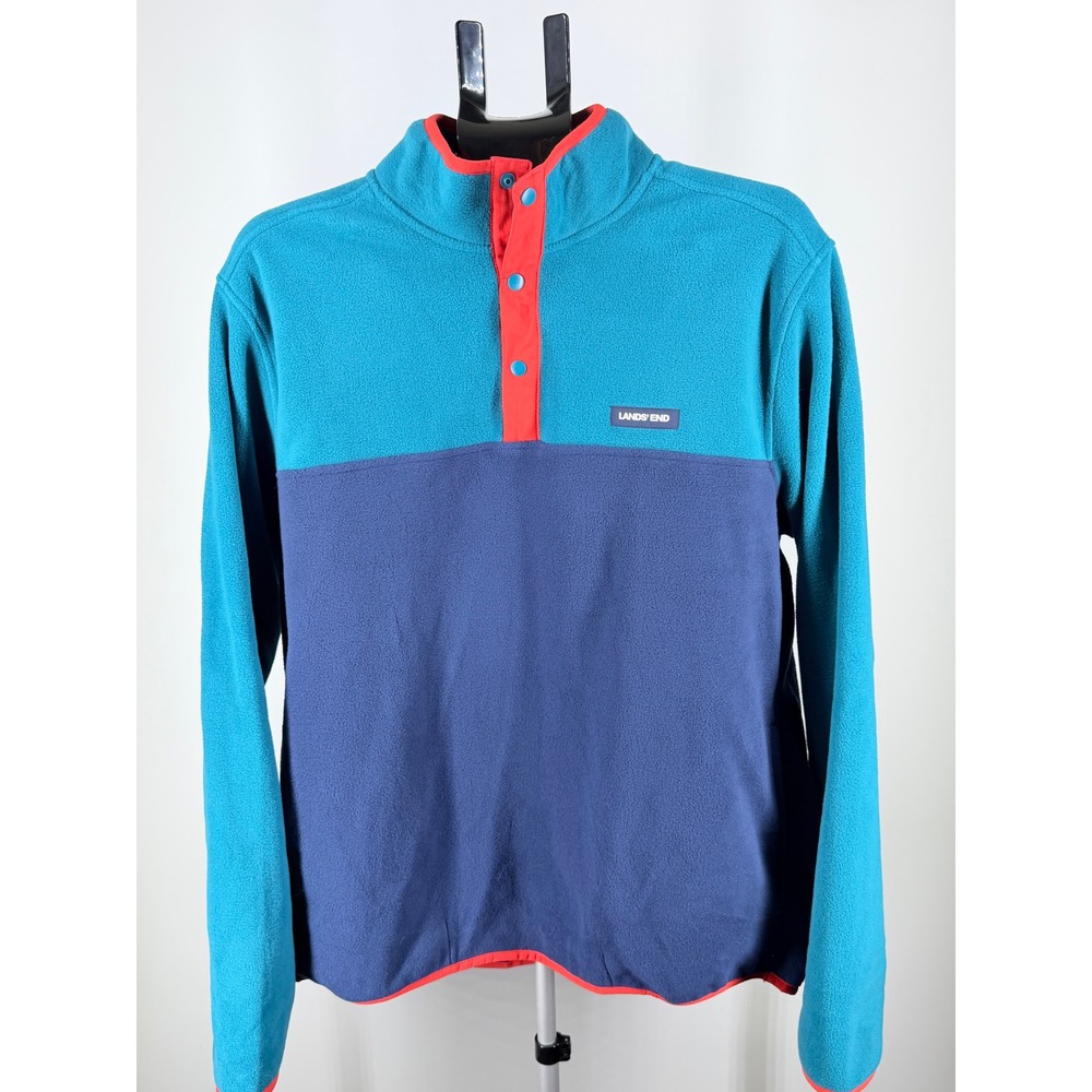 Lands End Mens Fleece Pullover Colorblock Snap Neck Teal Navy Red‎ Large L 42-44